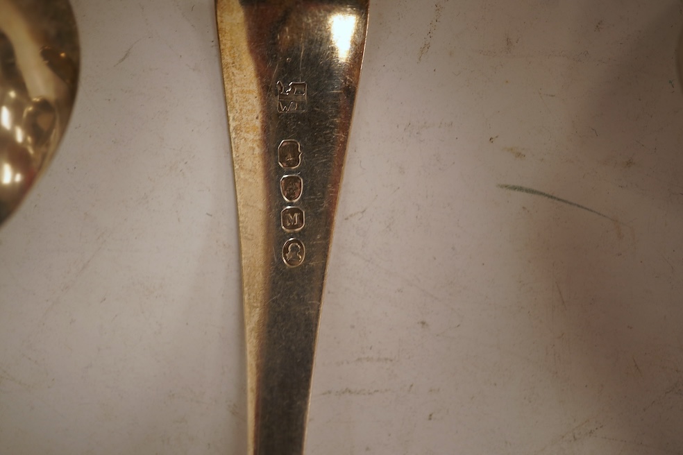 A George III silver fiddle pattern stilton scoop, John Lias, London, 1816, 20cm, together with two Georgian silver sauce ladles, a similar sifter ladle and a William IV shell pattern fish knife, 8.9oz.
